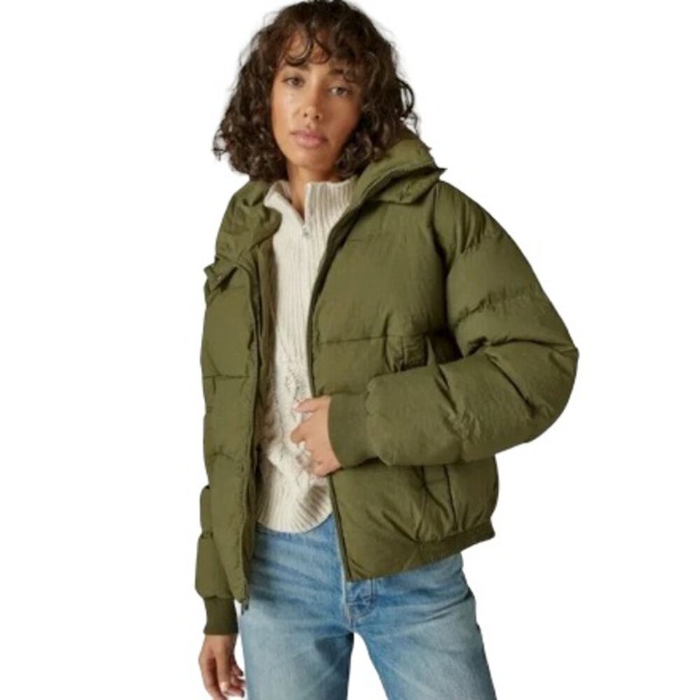 NWT Lucky Brand Loden Hooded Puffer Jacket Olive Green M